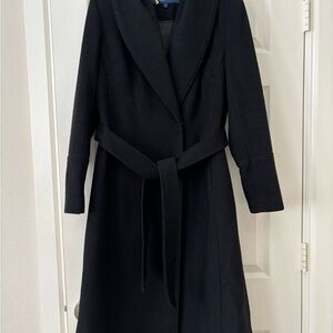 Cole Haan Tailored Black Wool blend Belted+Lined Coat Sz 6